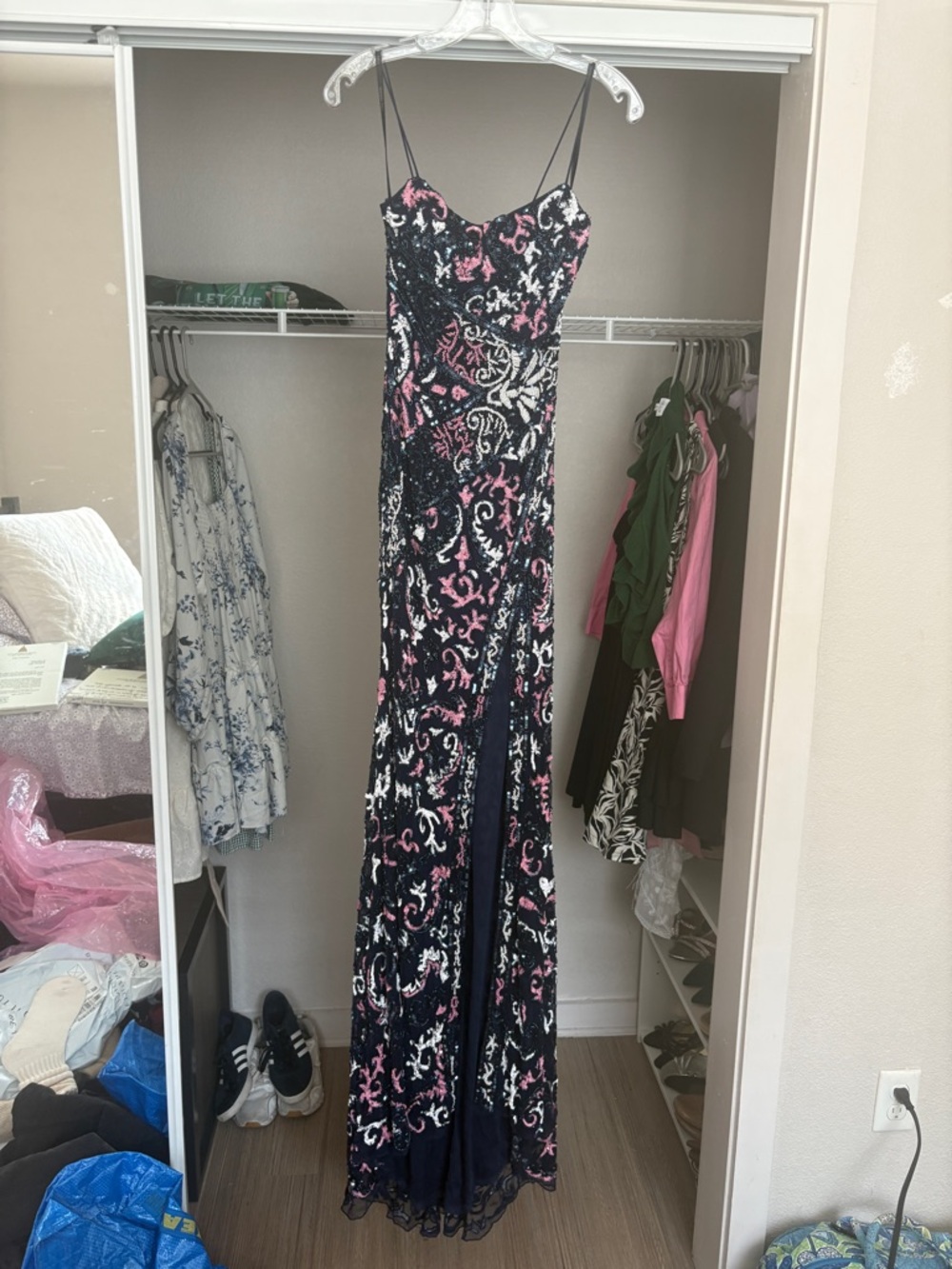 Sherri Hill Sequin Navy Prom Dress with Pink & White Floral Motif